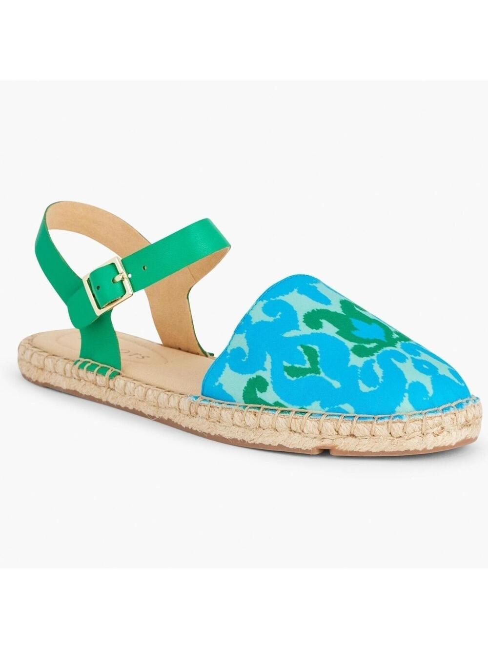 Talbots 7M Blue Green Cotton Ikat  Leather Ankle Strap Espadrille Sandals